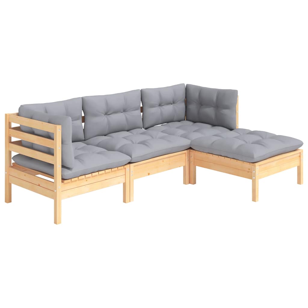 Set Divani da Giardino 4 pz con Cuscini Grigi Massello di Pino
