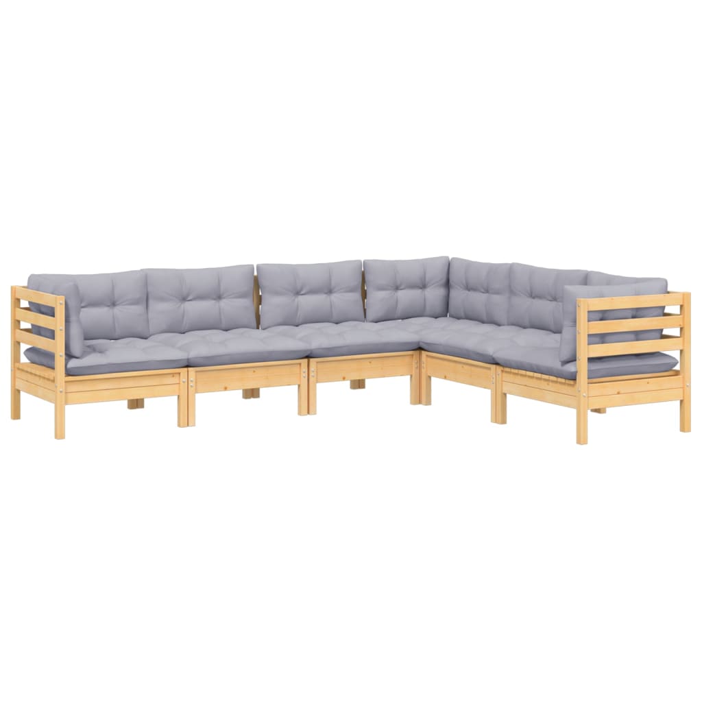 Set Divani da Giardino 6 pz con Cuscini Grigi Massello di Pino | homemem39