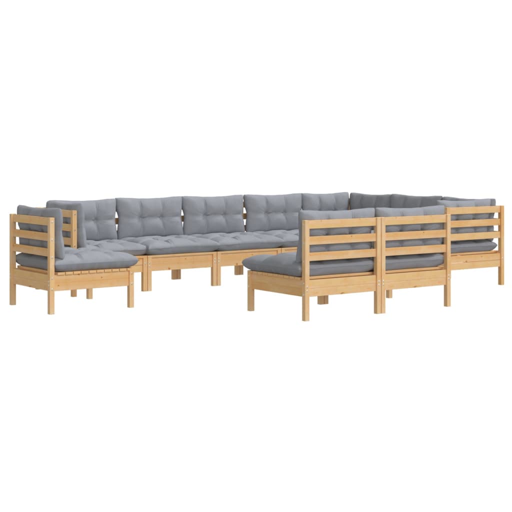 Set Divani da Giardino 10 pz con Cuscini Grigi Massello di Pino | homemem39