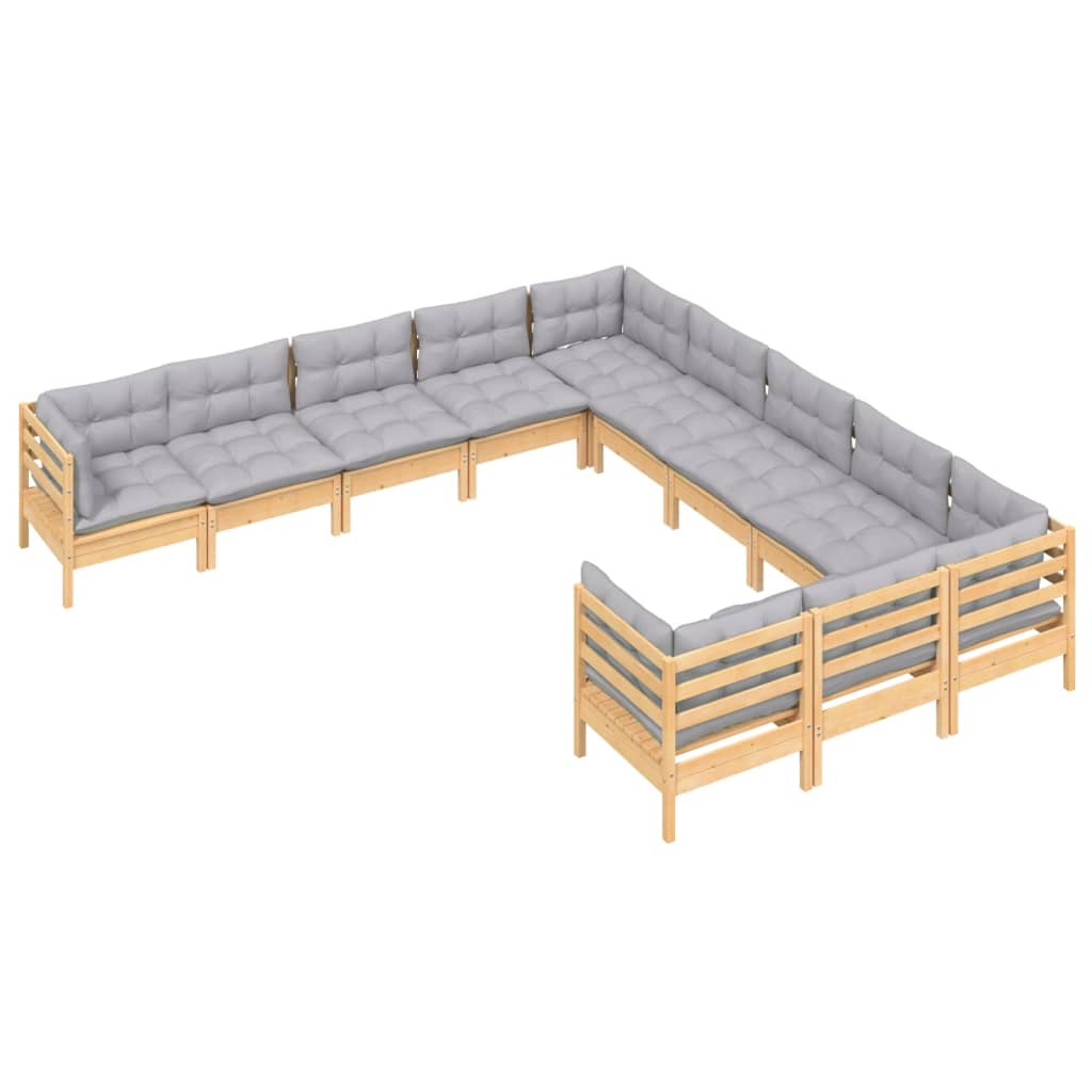 Set Divani da Giardino 11 pz con Cuscini Grigi Massello di Pino | homemem39