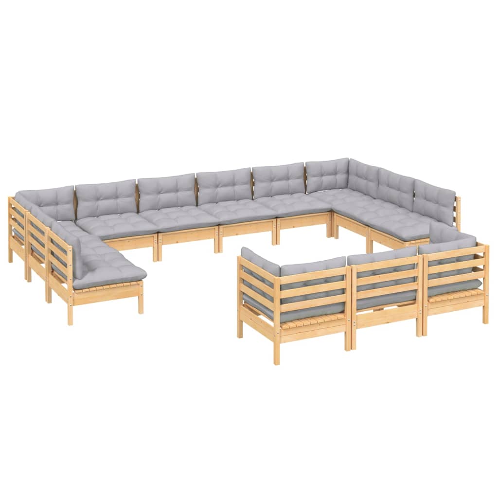 Set Divani da Giardino 13 pz con Cuscini Grigi Massello di Pino | homemem39