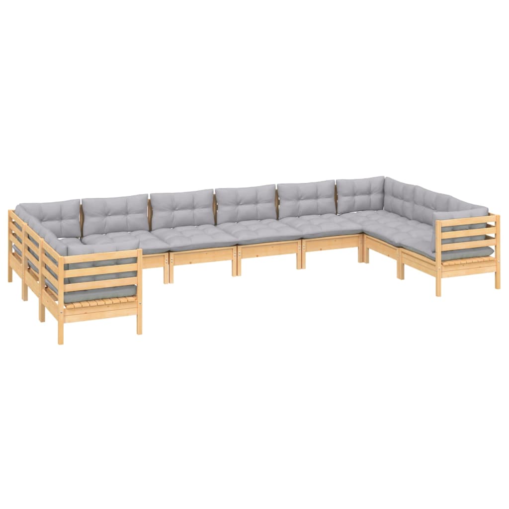 Set Divani da Giardino 10 pz con Cuscini Grigi Massello di Pino | homemem39