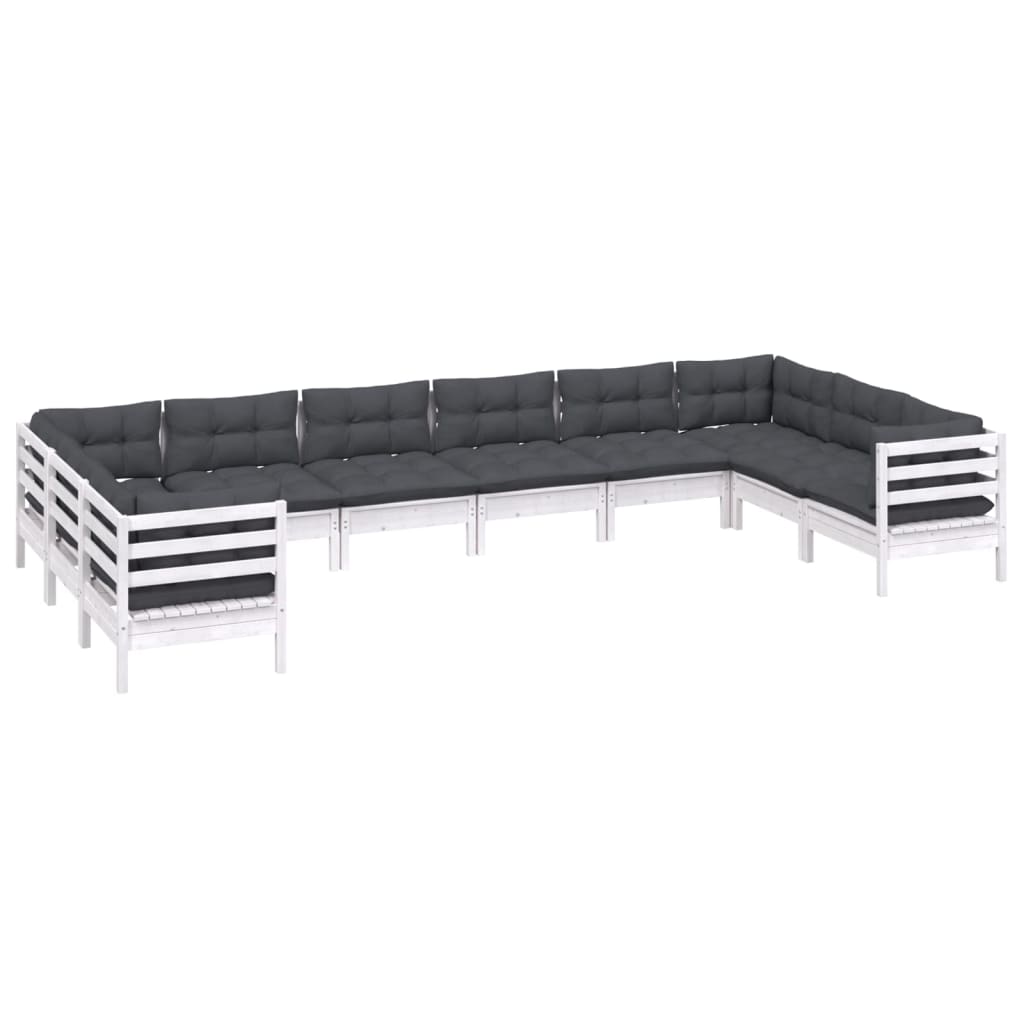 Set Divani da Giardino 10 pz con Cuscini Bianchi Legno di Pino | homemem39
