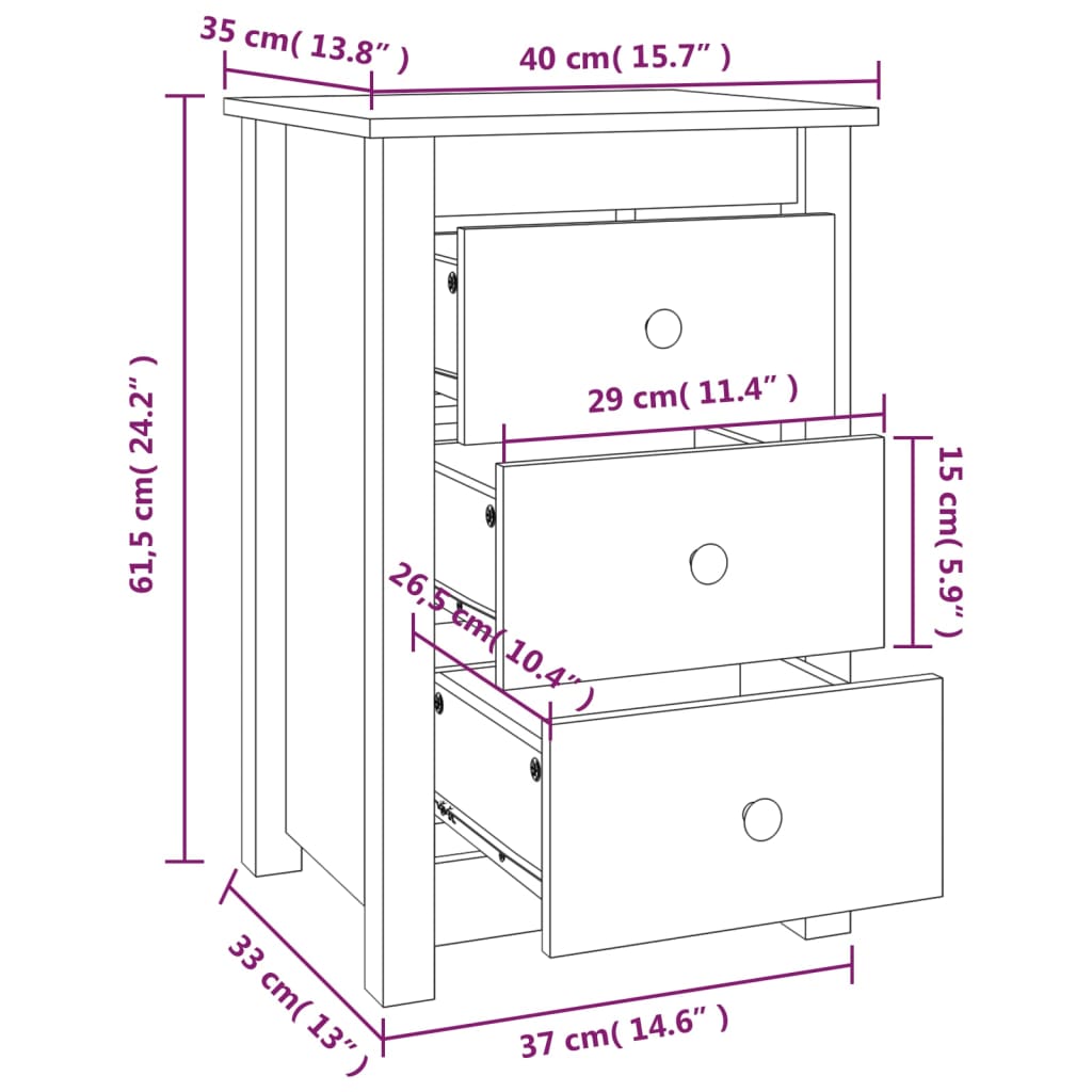 Comodini 2 pz Nera 40x35x61,5 cm in Legno Massello di Pino | homemem39