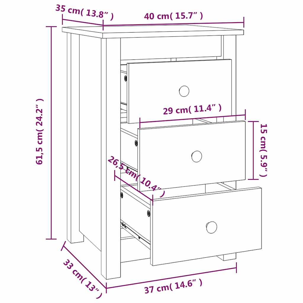 Comodini 2 pz Nera 40x35x61,5 cm in Legno Massello di Pino