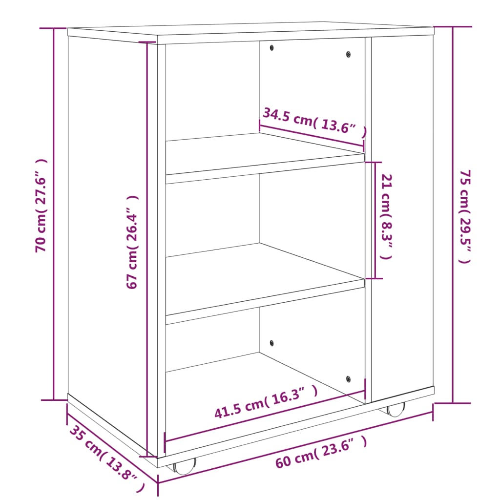 Armadietto con Ruote Rovere Fumo 60x35x75 cm Legno Multistrato | homemem39