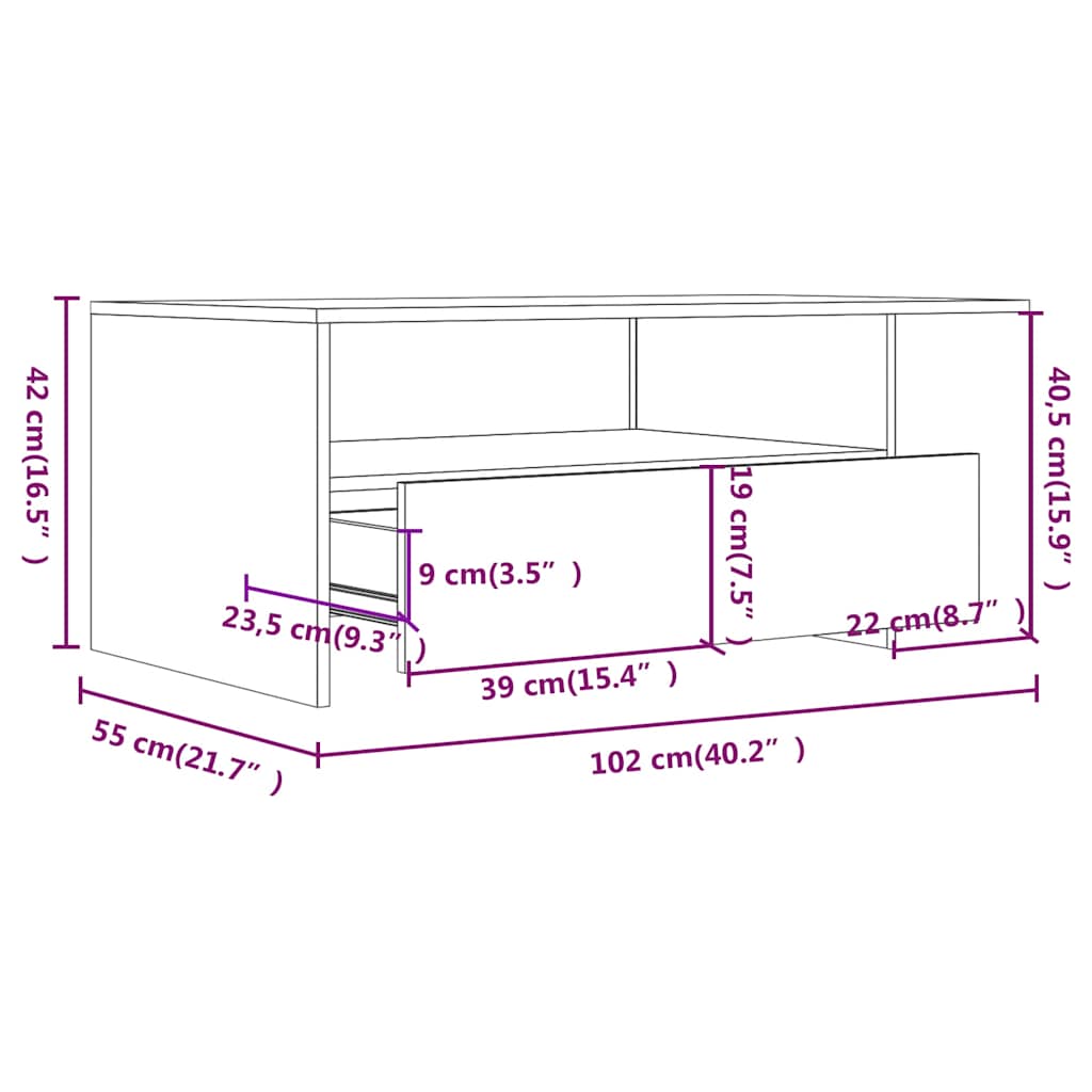 Tavolino da Salotto Rovere Fumo 102x55x42 cm Legno Multistrato