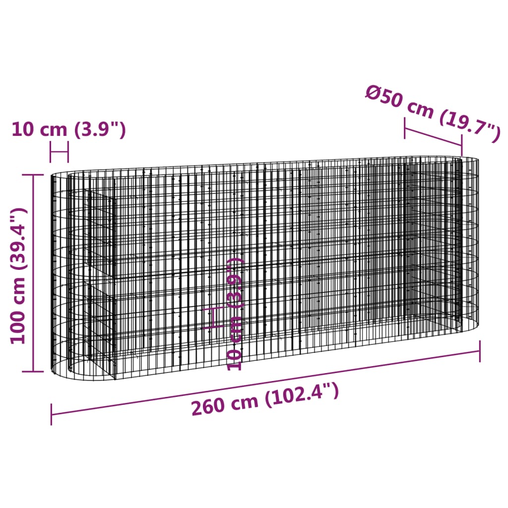 Gabbione con Letto Rialzato in Acciaio Zincato 260x50x100 cm | homemem39