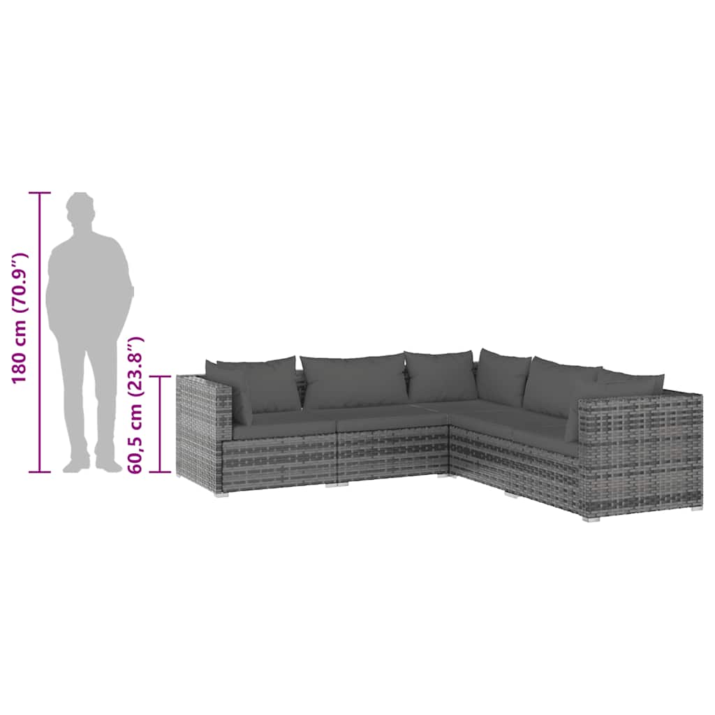 Set Divani da Giardino con Cuscini 5 pz in Polyrattan Grigio | homemem39