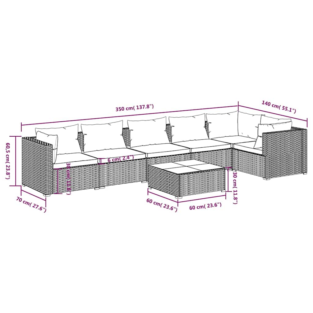 Set Divani da Giardino 7 pz con Cuscini in Polyrattan Nero