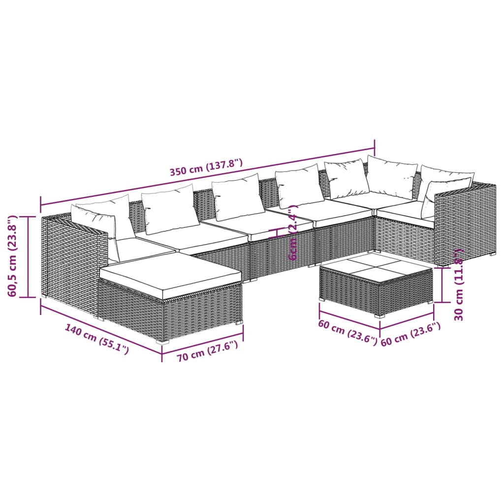 Set Salotto da Giardino 8 pz con Cuscini in Polyrattan Nero | homemem39