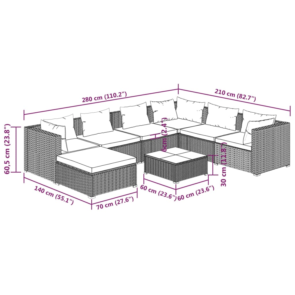 Set Divani da Giardino 8 pz con Cuscini in Polyrattan Marrone | homemem39