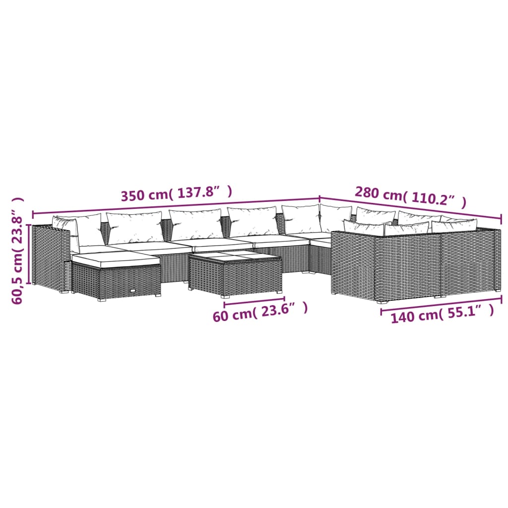 Set Divani da Giardino 11 pz con Cuscini in Polyrattan Nero | homemem39