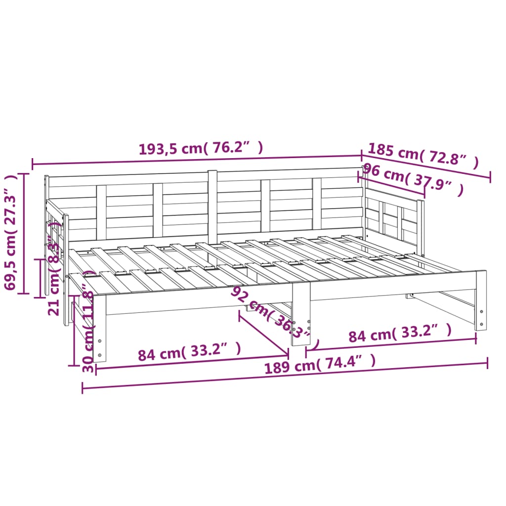 Dormeuse Estraibile Nera in Legno Massello di Pino 2x(90x190)cm | homemem39