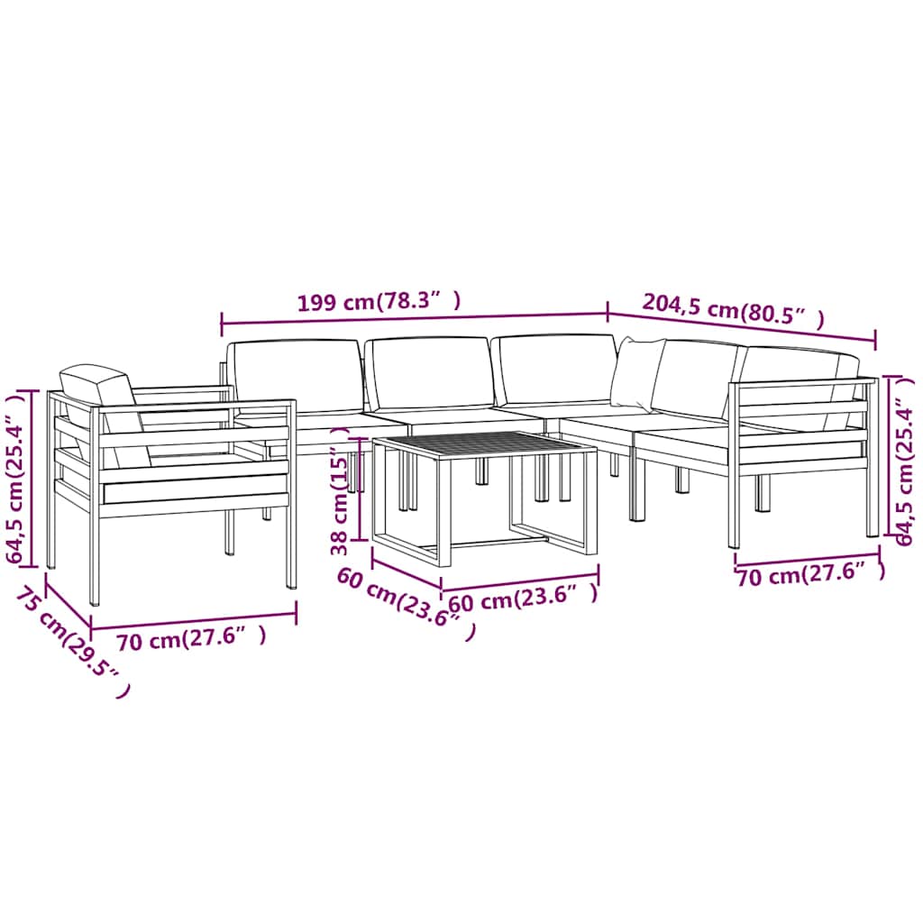 Set Divani da Giardino 7 pz con Cuscini in Alluminio Antracite
