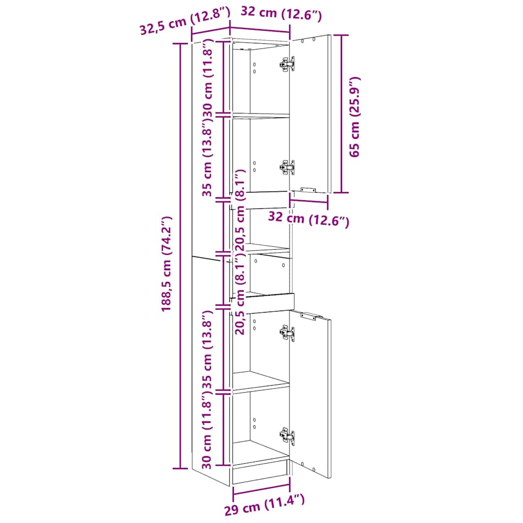 Armadietto da Bagno Bianco 32x34x188,5 cm in Legno Multistrato | homemem39