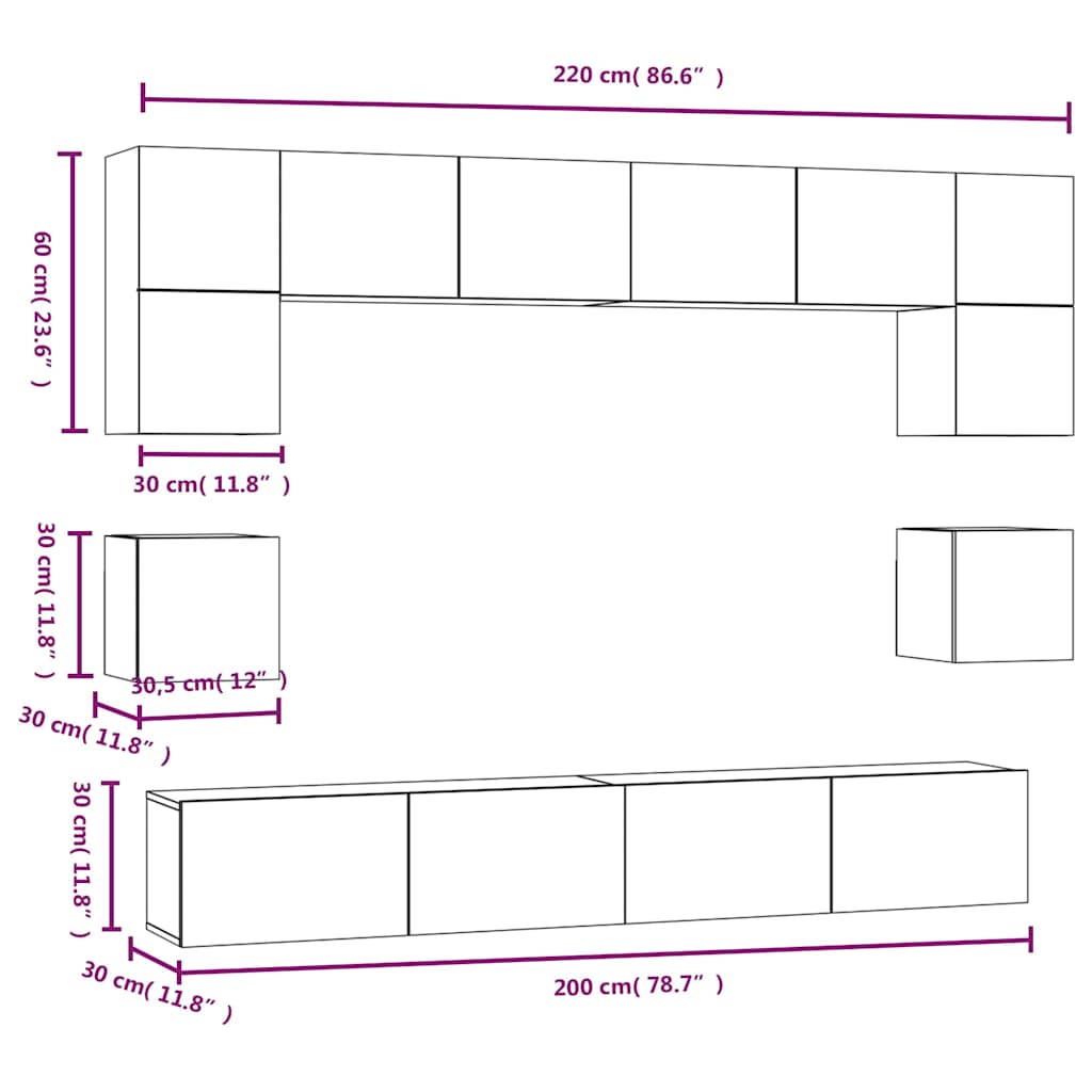 Set Mobili Porta TV 8pz Bianco in Legno Multistrato