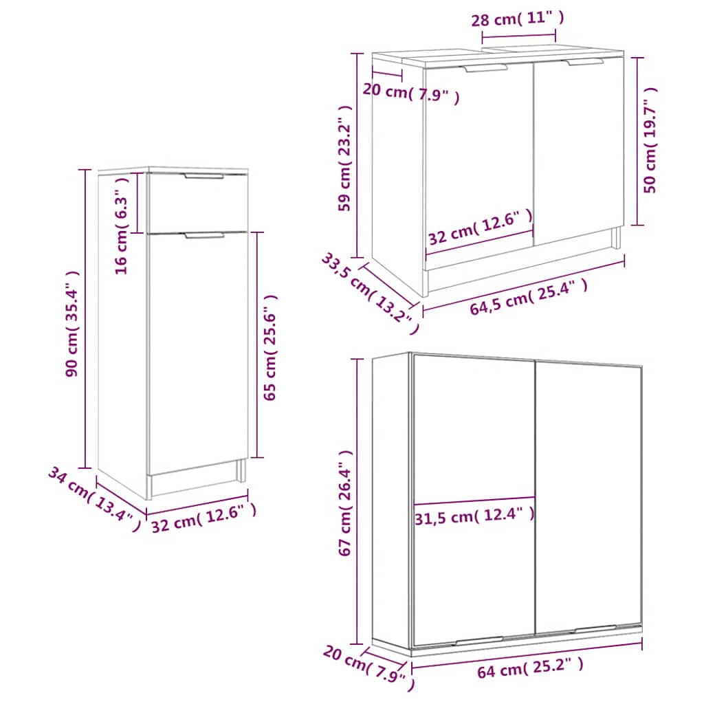 Set di Mobili da Bagno 3 pz Bianco in Legno Multistrato