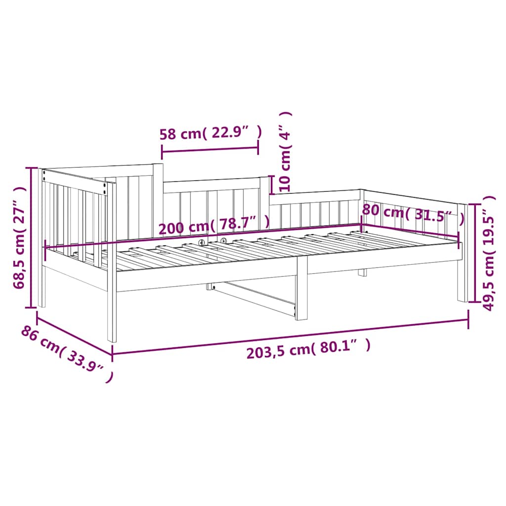 Dormeuse senza Materasso 80x200 cm in Legno Massello di Pino