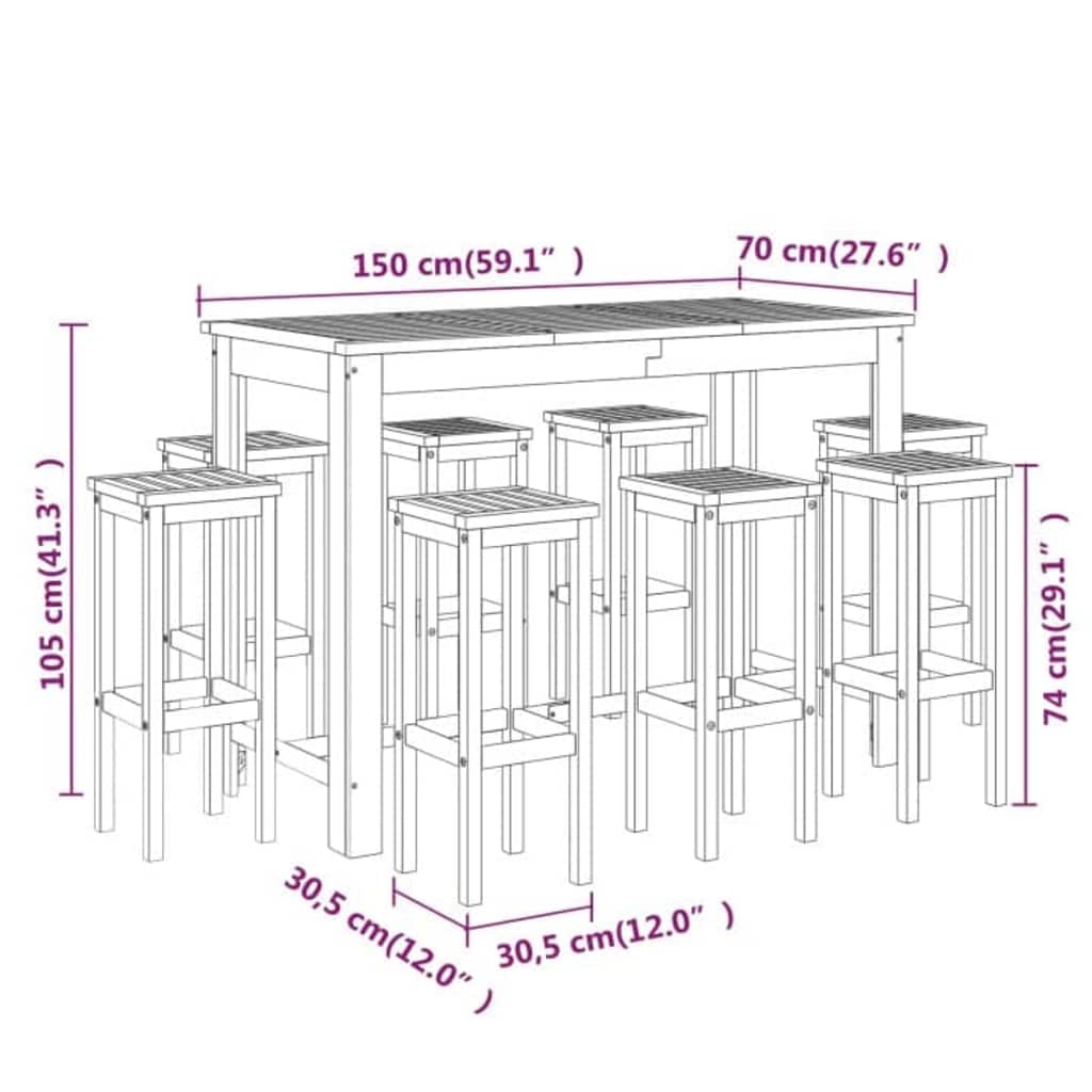 Set da Bar per Giardino 9 pz in Legno Massello di Acacia