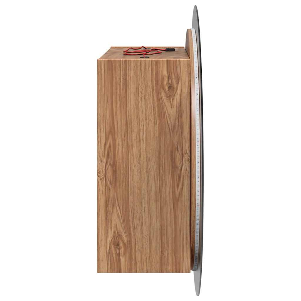Armadio da Bagno con Specchio Rotondo e LED Rovere 54x54x17,5cm