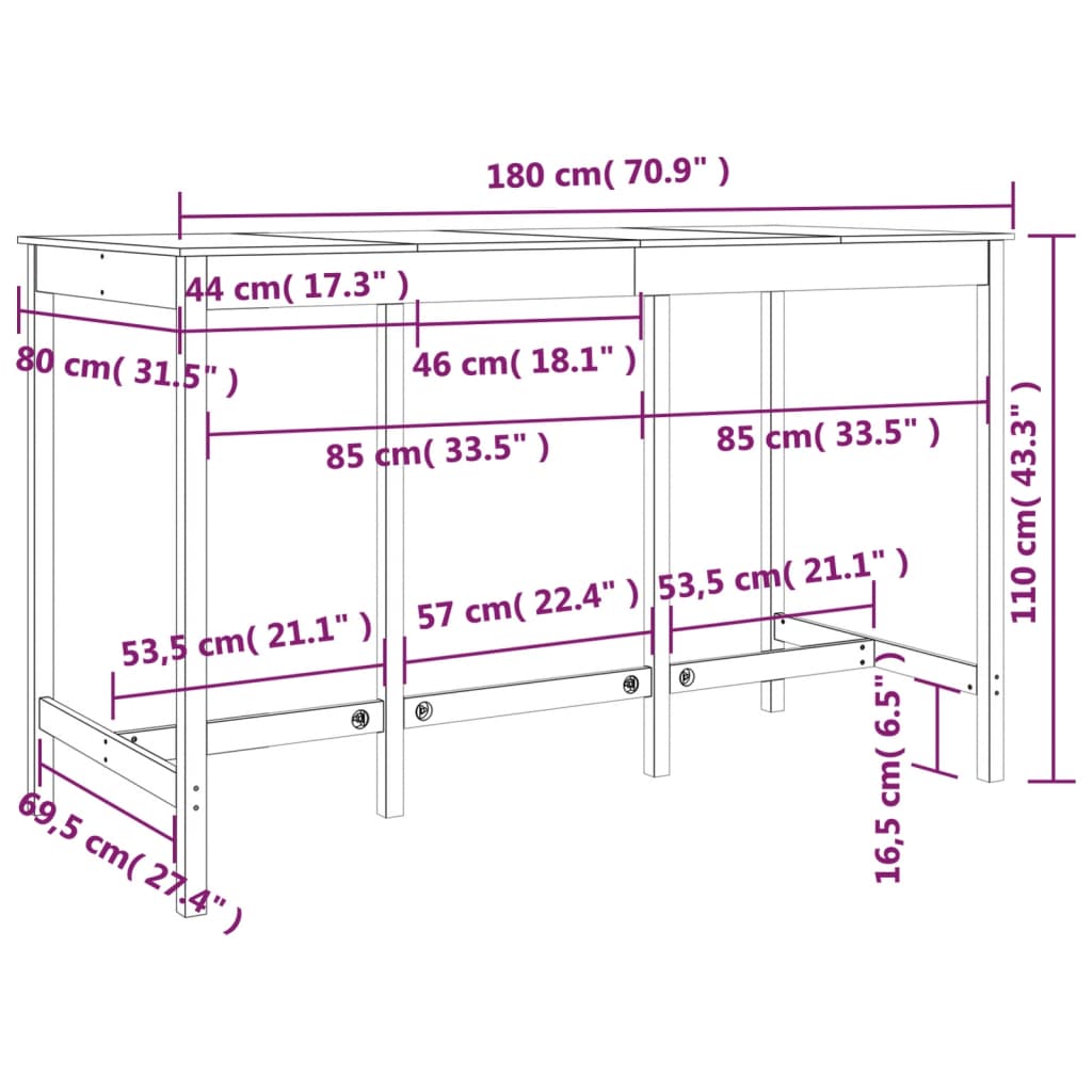 Tavolo da Bar 180x80x110 cm in Legno Massello di Pino