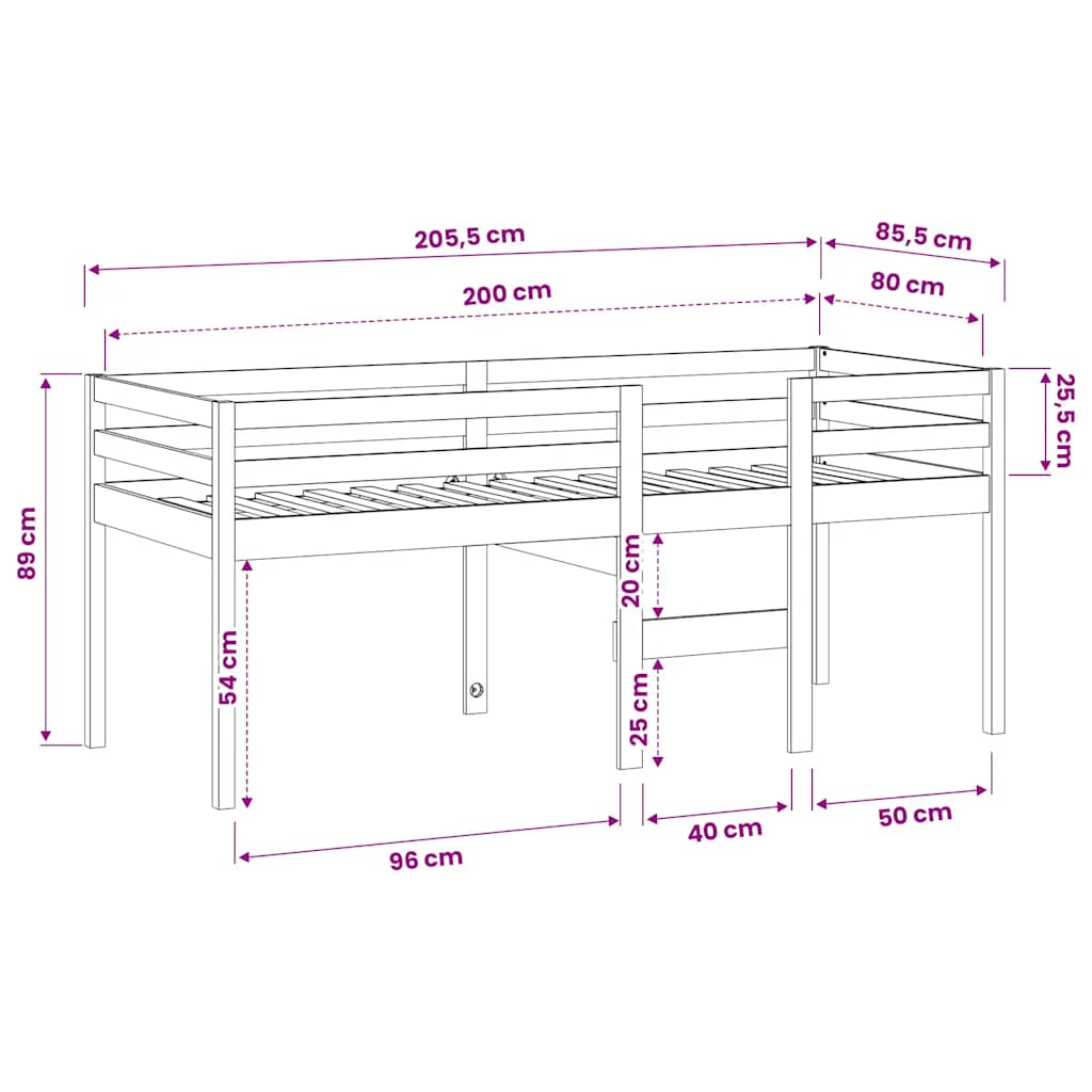 Letto a Soppalco 80x200 cm in Legno Massello di Pino | homemem39