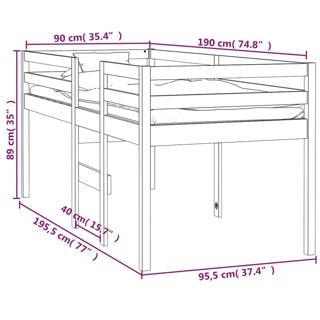 Letto a Soppalco 90x190 cm in Legno Massello di Pino | homemem39