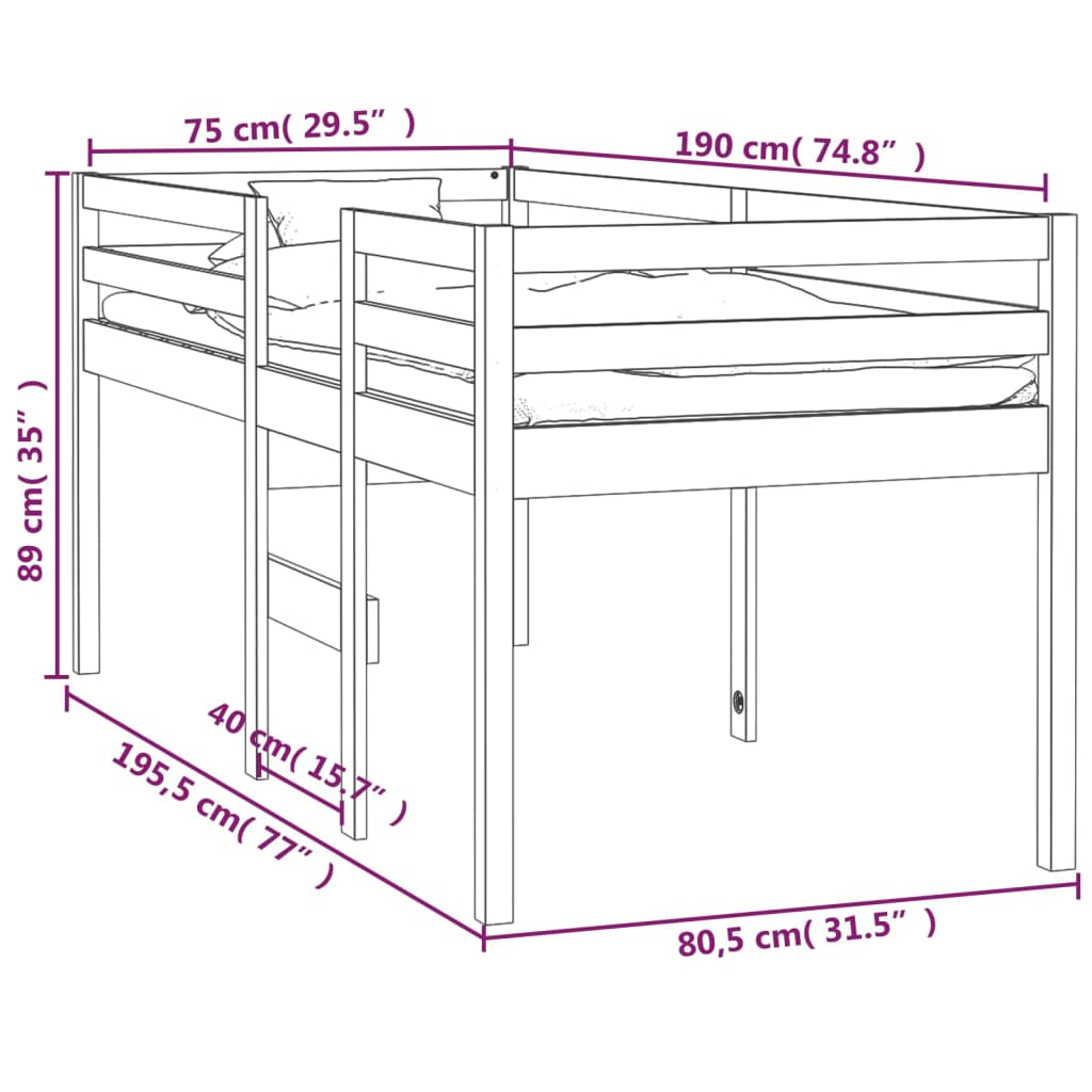Letto a Soppalco 75x190 cm in Legno Massello di Pino | homemem39