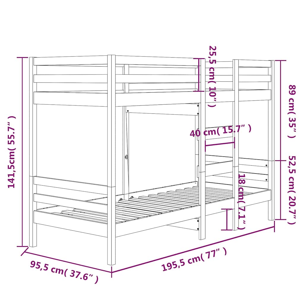 Letto a Castello senza Materasso 90x190 cm Legno di Pino
