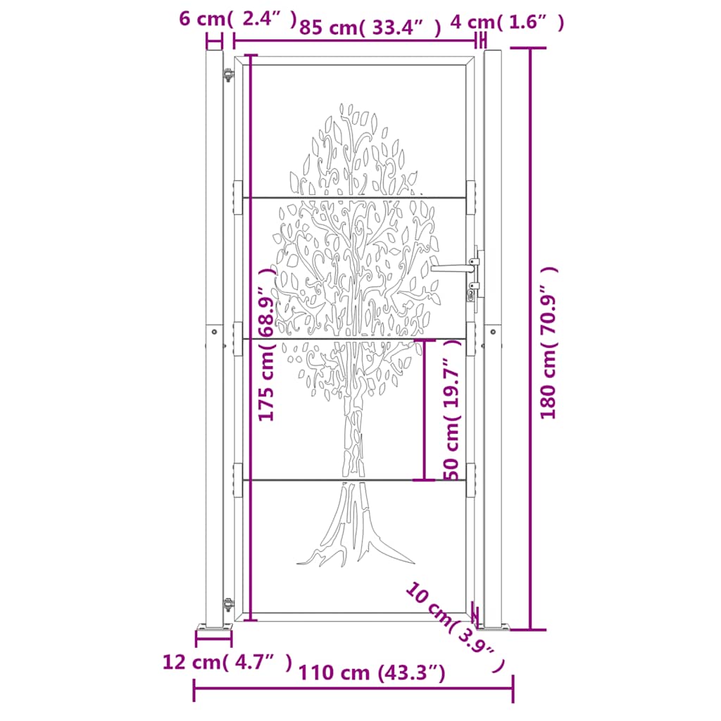 Cancello da giardino antracite 100x175 cm in acciaio con design ad albero | homemem39