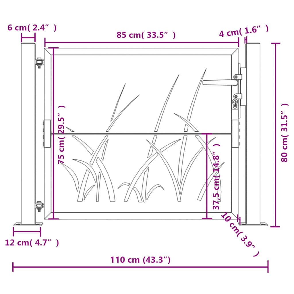 Cancello da giardino antracite 100x75 cm in acciaio design erba | homemem39