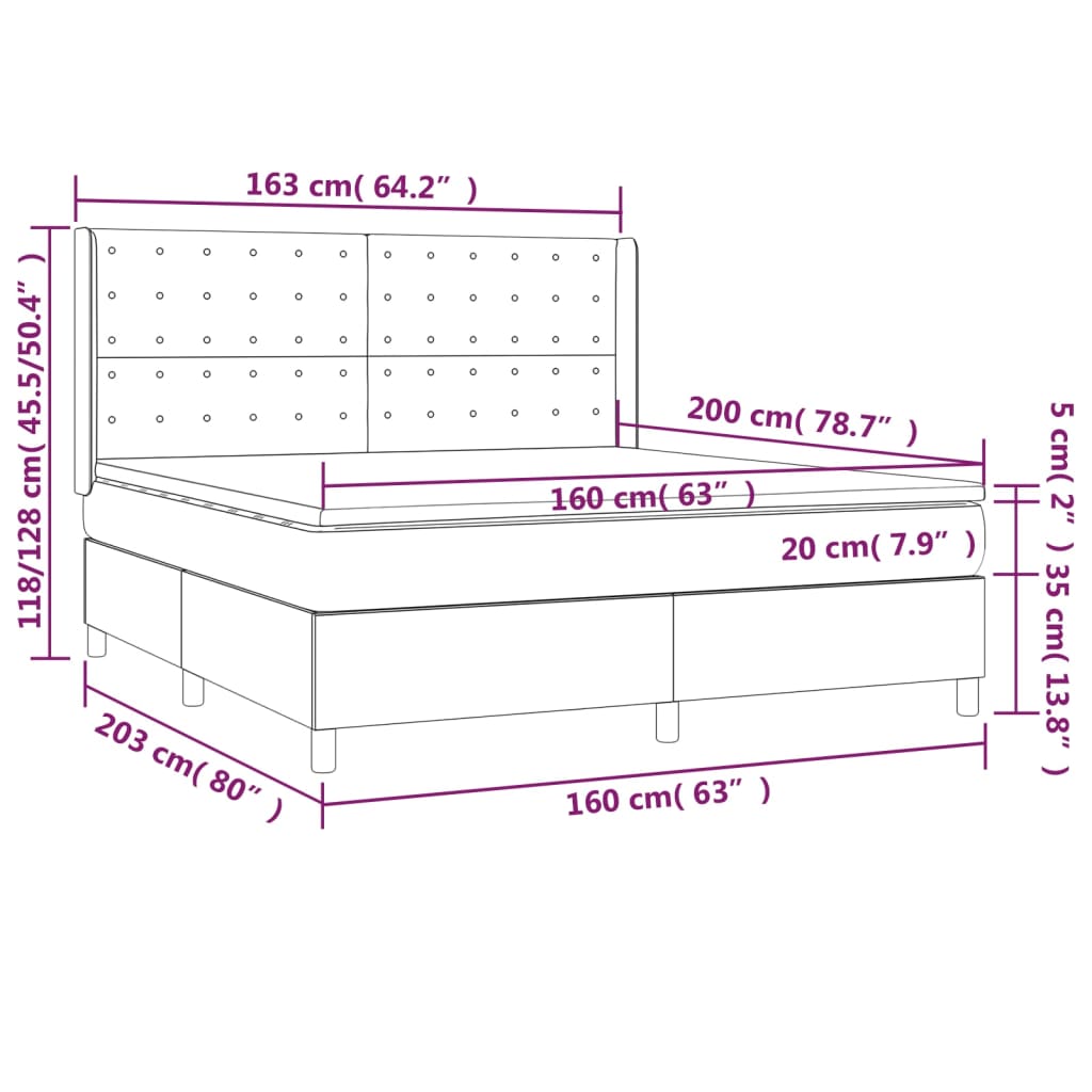 Letto a Molle con Materasso e LED Tortora 160x200 cm in Tessuto | homemem39