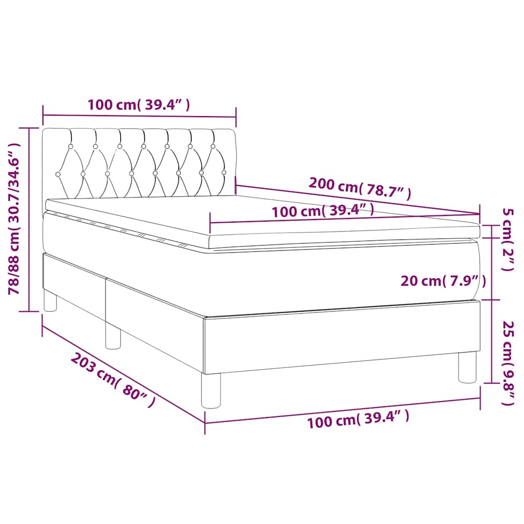 Letto a Molle con Materasso e LED Nero 100x200 cm in Tessuto | homemem39