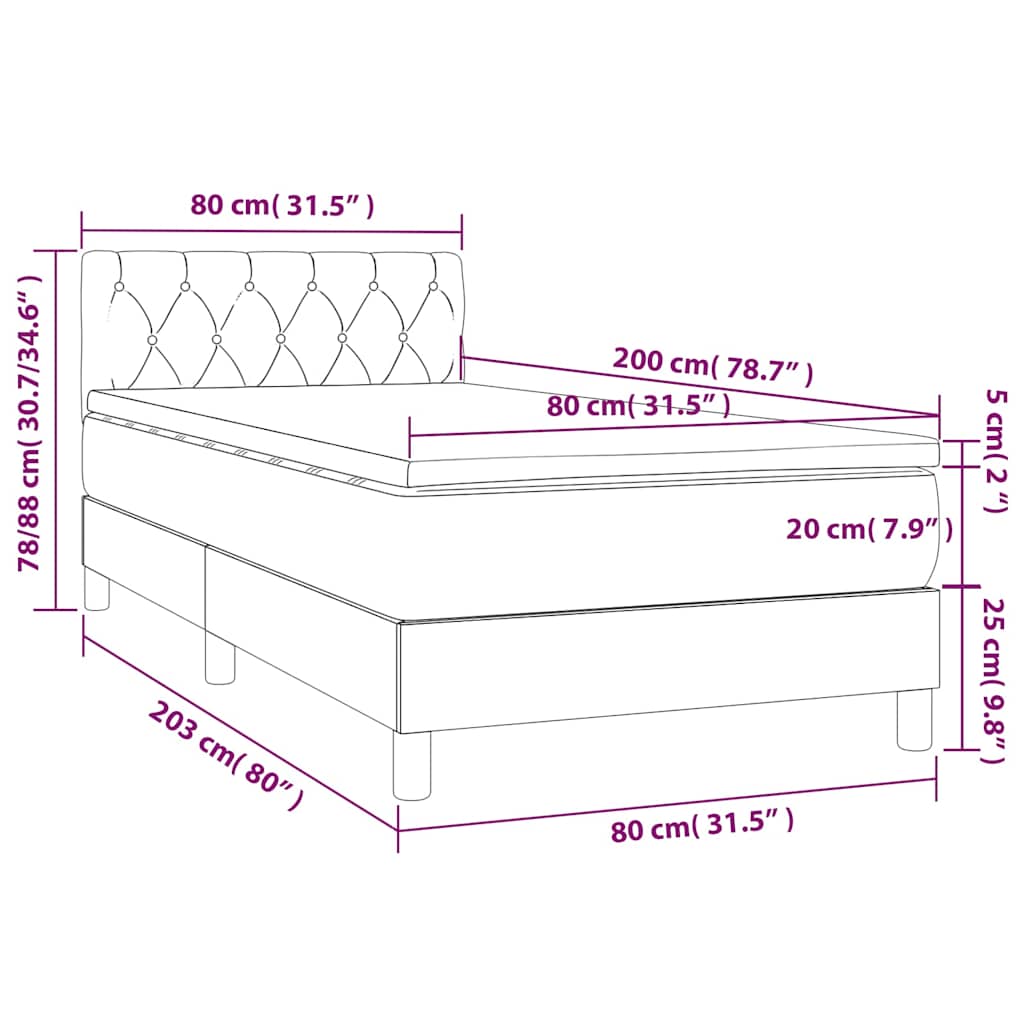 Letto a Molle con Materasso e LED Grigio Scuro 80x200cm Velluto | homemem39