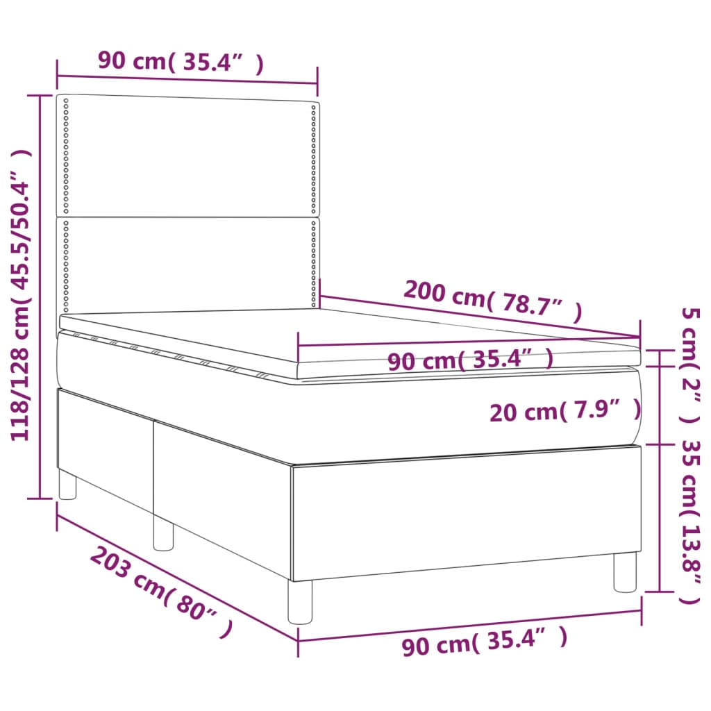 Letto a Molle Materasso e LED Marrone Scuro 90x200cm in Tessuto | homemem39