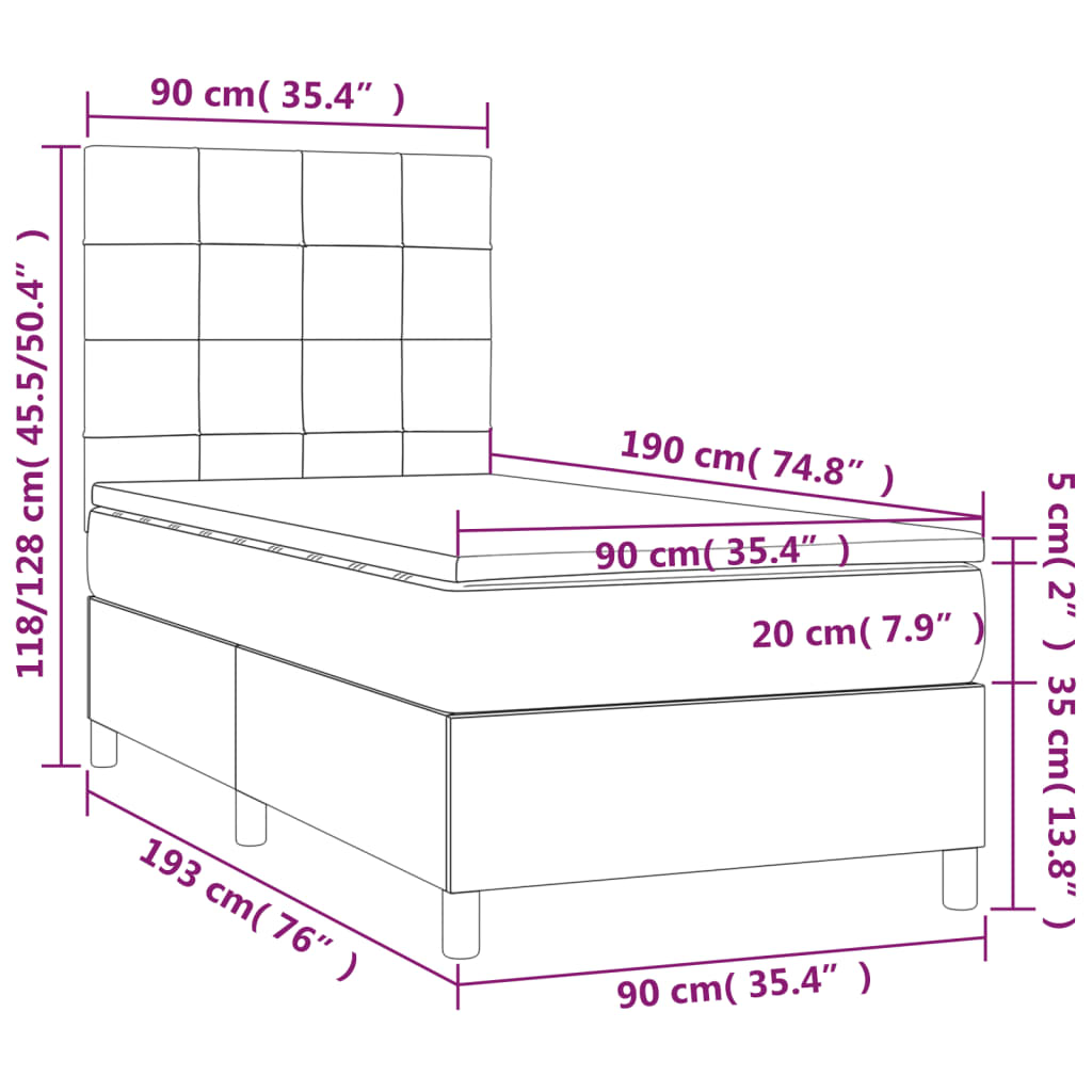 Letto a Molle Materasso e LED Marrone Scuro 90x190cm in Tessuto | homemem39