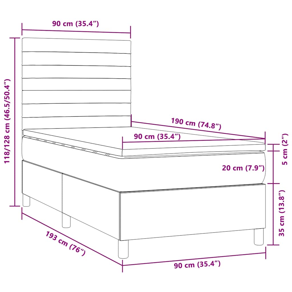 Letto a Molle con Materasso e LED Tortora 90x190 cm in Tessuto | homemem39