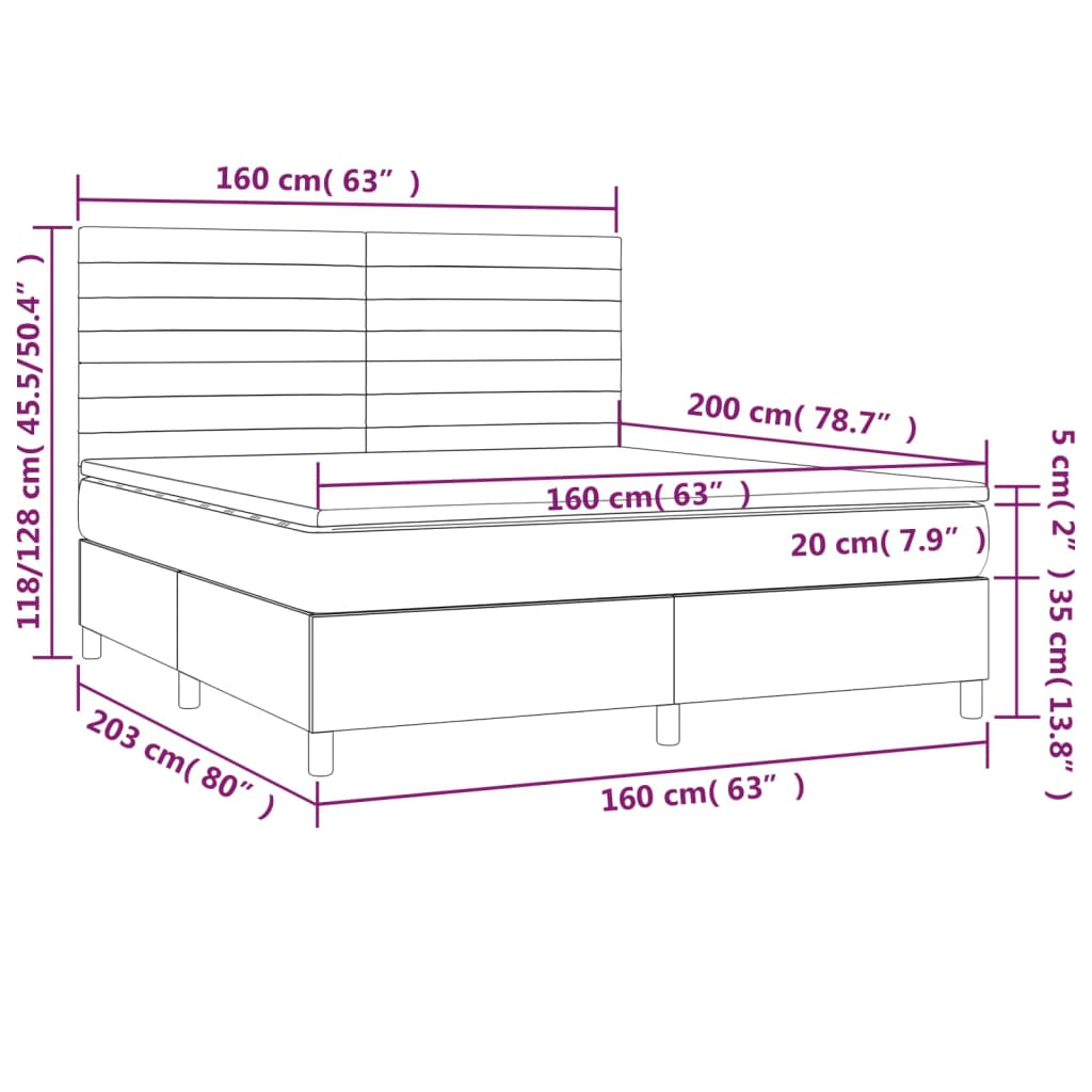 Letto a Molle con Materasso e LED Tortora 160x200 cm in Tessuto | homemem39