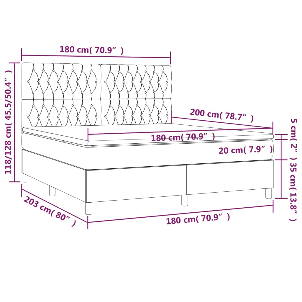 Letto a Molle con Materasso e LED Tortora 180x200 cm in Tessuto | homemem39