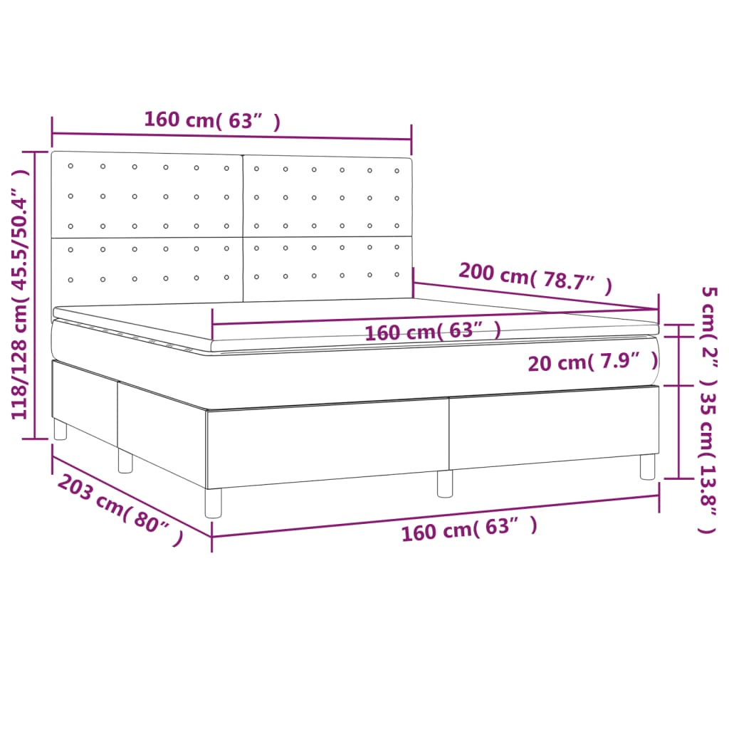 Letto a Molle con Materasso e LED Tortora 160x200 cm in Tessuto | homemem39