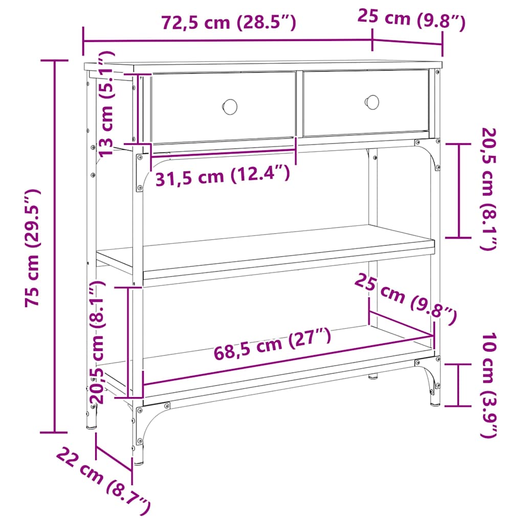 Tavolino Consolle Rovere Fumo 72,5x25x75cm in Legno Multistrato