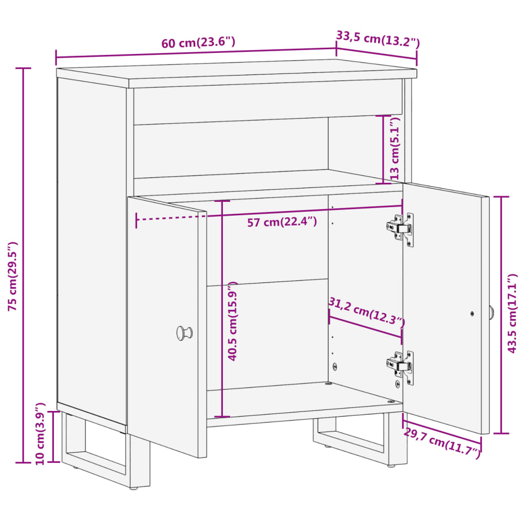 Mobiletto Marrone e Nero 60x33,5x75 cm Legno Massello di Mango | homemem39