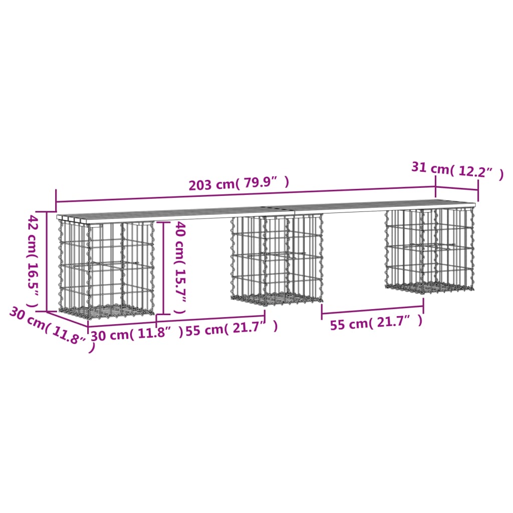 Panca Giardino Design Gabbione 203x31x42 cm Legno Massello Pino | homemem39