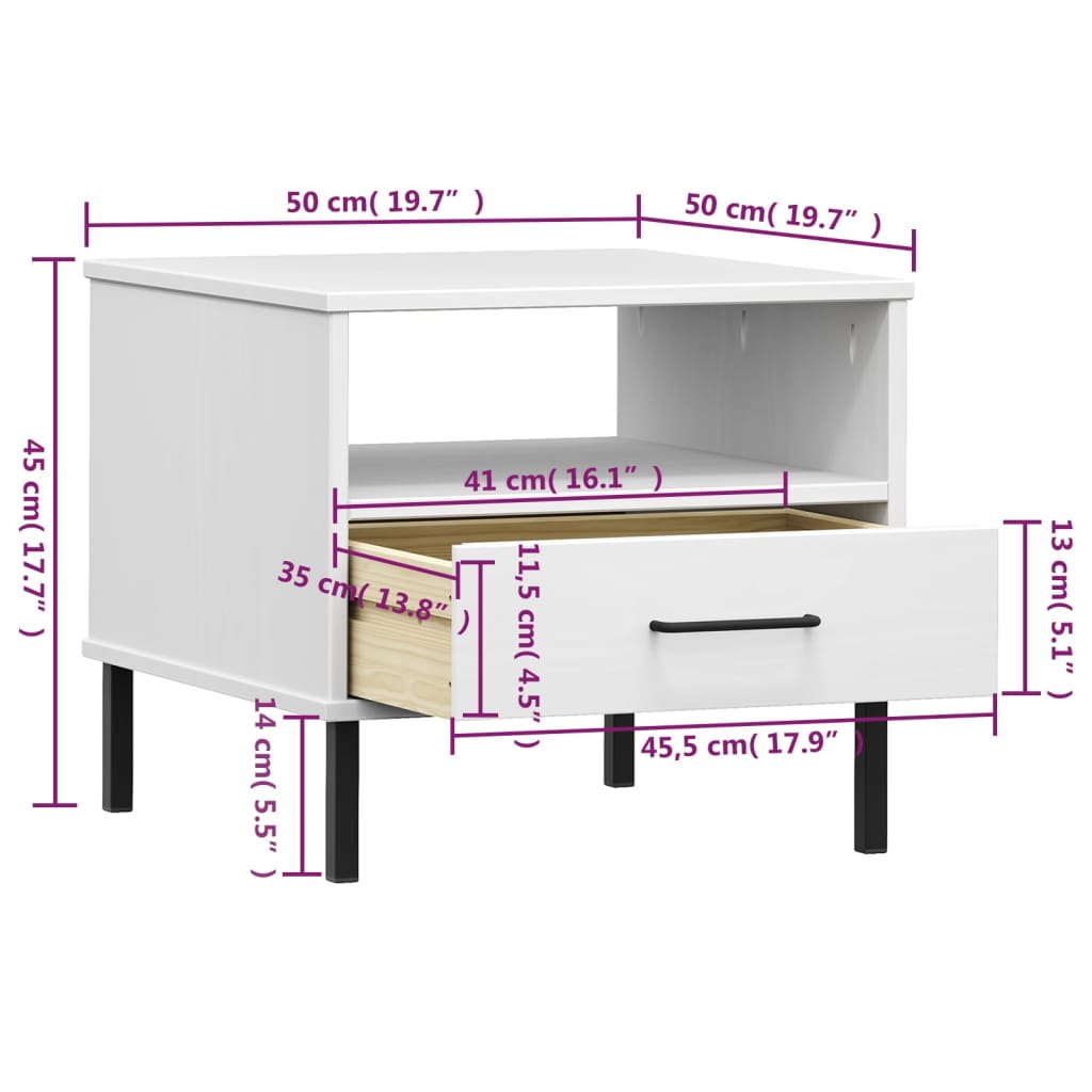 Comodino con Gambe in Metallo Bianco Legno Massello Pino OSLO | homemem39