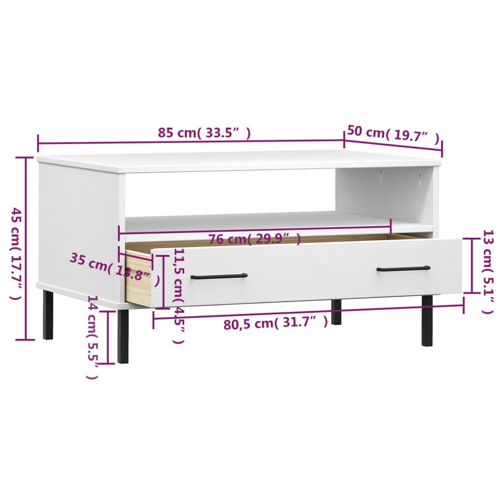 Tavolino Gambe Metallo Bianco 85x50x45 cm Legno Massello OSLO | homemem39