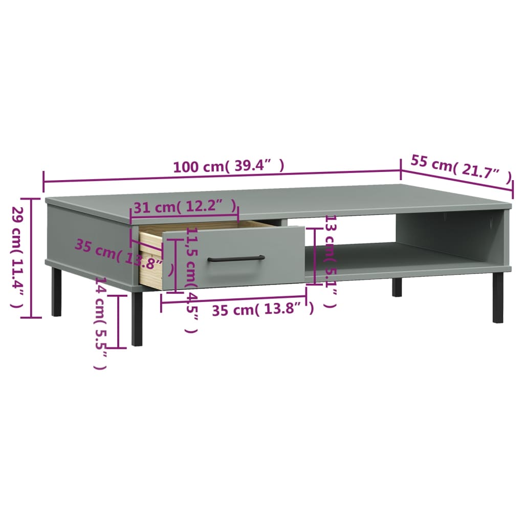 Tavolino Salotto Gambe Metallo Grigio Legno Massello Pino OSLO | homemem39