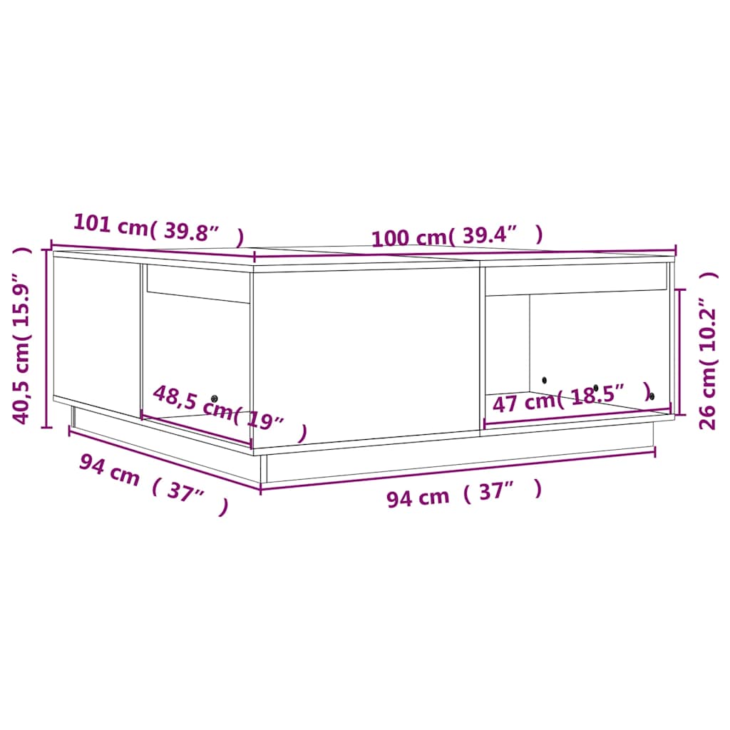 Tavolino da Salotto Nero 100x101x40,5 cm Legno Massello di Pino