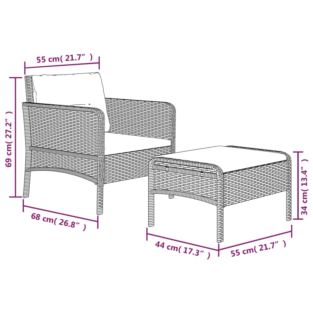 Set da Giardino 2 pz con Cuscini Nero in Polyrattan | homemem39