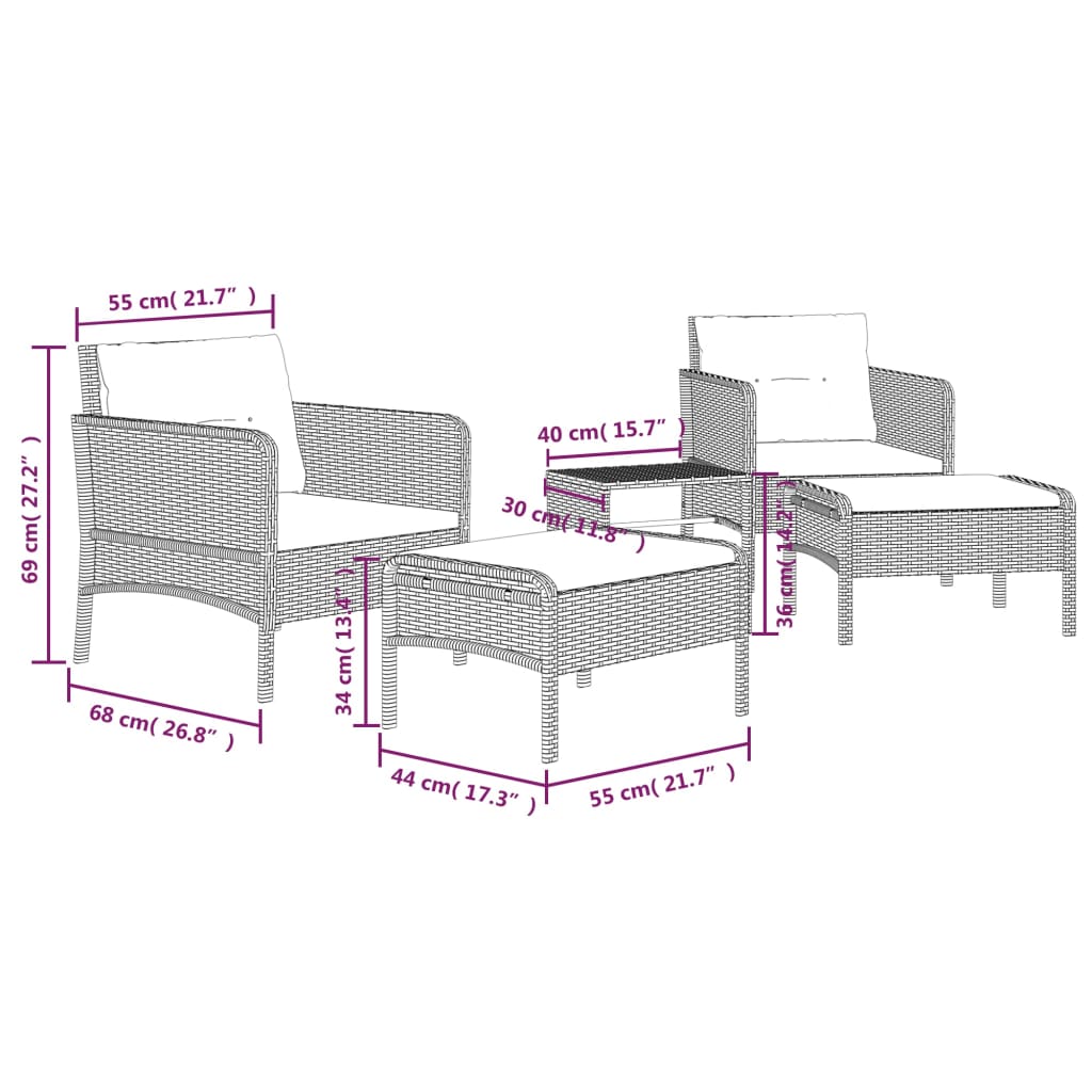 Set Divani da Giardino 5 pz con Cuscini in Polyrattan Grigio | homemem39